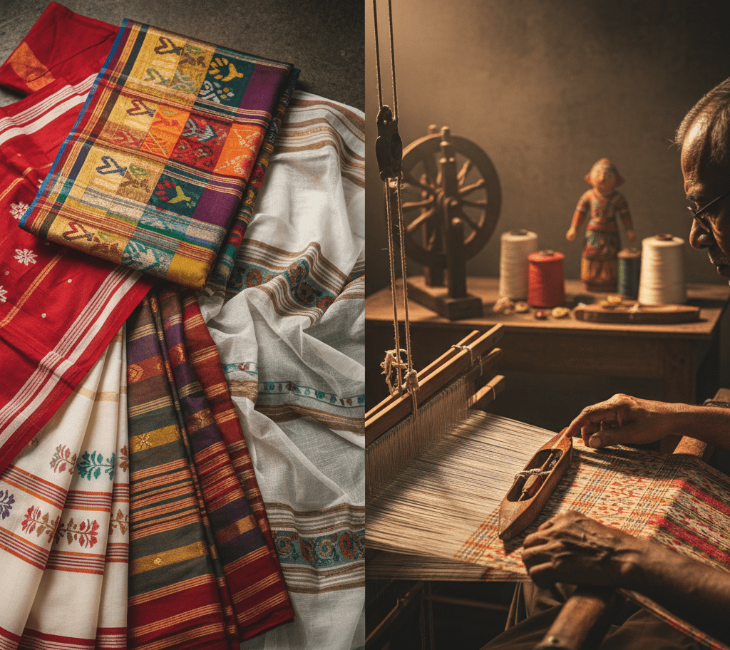 বাংলার তাঁত শিল্প: ধনেখালি থেকে শান্তিপুরী—বুননের কারুকার্য, ঐতিহ্য এবং আধুনিক ফ্যাশন জগতে এর প্রভাব বাংলার তাঁত শিল্প: ধনেখালি থেকে শান্তিপুরী—বুননের কারুকার্য, ঐতিহ্য এবং আধুনিক ফ্যাশন জগতে এর প্রভাব