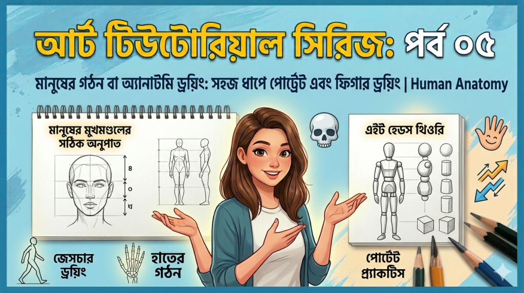 A friendly and modern thumbnail based on image_0.png, image_12.png, image_24.png, image_36.png, and image_50.png. The overall blue aesthetic and pattern remain. Large, cheerful yellow and white Bengali text at the top reads: "আর্ট টিউটোরিয়াল সিরিজ: পর্ব ০৫" (Art Tutorial Series: Episode 05). Below this, the catch subtitle in dark blue reads: "মানুষের গঠন বা অ্যানাটমি ড্রয়িং: সহজ ধাপে পোর্ট্রেট এবং ফিগার ড্রয়িং | Human Anatomy". The smiling young female artist from image_0.png and image_12.png, looking directly with a focused expression, holds a well-used graphite pencil from image_2.png and gestures cheerfully toward a large sketchbook in front of her. The sketchbook displays a split instructional gridSummarizing key concepts: "মানুষের মুখমণ্ডলের সঠিক অনুপাত" (Human Face Proportions) (image_52.png) with a Loomis method diagram on the left; "এইট হেডস থিওরি" (Eight Heads Theory) (image_54.png) with an anatomy mannequin (image_50.png) broken into simple geometric forms on the right. Small icons and annotations with Bengali labels are integrated: "মুখের অনুপাত" (Face Proportions), "হাতের গঠন" (Hand Structure), "পোর্ট্রেট প্র্যাকটিস" (Portrait Practice), "জেসচার ড্রয়িং" (Gesture Drawing), a skull, skeleton hand, and smiling hand from image_36.png, image_38.png, and image_50.png. Soft creative glow emanates. existing art tools are neatly arranged but out of focus.