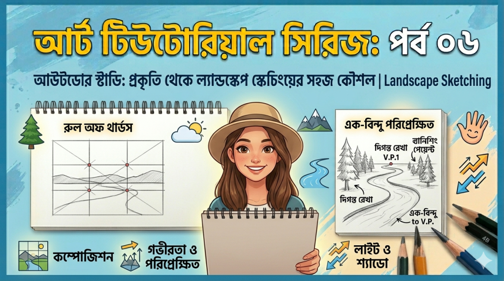 A friendly and modern thumbnail based on image_0.png, image_12.png, image_24.png, image_36.png, image_50.png, and image_64.png. The overall blue aesthetic and pattern remain. Large, cheerful yellow and white Bengali text at the top reads: "আর্ট টিউটোরিয়াল সিরিজ: পর্ব ০৬" (Art Tutorial Series: Episode 06). Below this, the catch English and Bengali subtitle reads: "আউটডোর স্টাডি: প্রকৃতি থেকে ল্যান্ডস্কেপ স্কেচিংয়ের সহজ কৌশল | Landscape Sketching". The smiling young female artist from image_0.png, image_12.png, image_24.png, image_36.png, image_50.png, image_64.png, now wearing a simple sun hat and focused, looking directly, holding a graphite pencil, gestures cheerfully towards a large sketchbook in front of her. The sketchbook page is a neat split layout inspired by image_14.png, image_40.png, image_52.png, and image_60.png. Diagrams illustrate: "রুল অফ থার্ডস" (Rule of Thirds) (image_66.png) over a simplified landscape grid on the left; "এক-বিন্দু পরিপ্রেক্ষিত" (One-Point Perspective) (image_68.png) applied to a receding winding river and trees with clear Bengali labels on the right. Small icons and annotations with Bengali labels are integrated: "কম্পোজিশন" (Composition), "গভীরতা ও পরিপ্রেক্ষিত" (Depth & Perspective), "লাইট ও শ্যাডো" (Light & Shadow), pine trees, mountains, a river, and a smiling hand. A soft creative glow emanates. Faint construction geometry guidelines are visible. existing art tools are neatly arranged in the lower right but out of focus, including a 4B pencil.