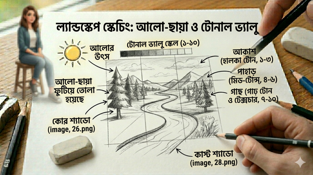 আর্ট টিউটোরিয়াল সিরিজ: পর্ব ০৬ - আউটডোর স্টাডি: প্রকৃতি থেকে ল্যান্ডস্কেপ স্কেচিংয়ের সহজ কৌশল 4