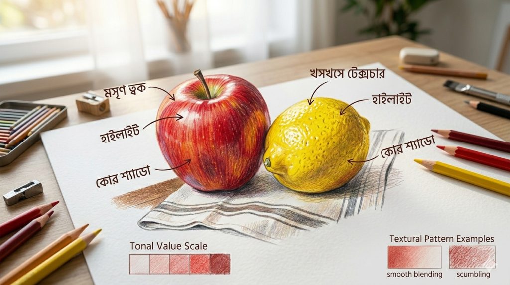 আর্ট টিউটোরিয়াল সিরিজ: পর্ব ০৮ - কালার পেন্সিল দিয়ে স্টিল লাইফ: ফল ও সবজির গঠন ফুটিয়ে তোলা আর্ট টিউটোরিয়াল সিরিজ: পর্ব ০৮ - কালার পেন্সিল দিয়ে স্টিল লাইফ: ফল ও সবজির গঠন ফুটিয়ে তোলা 4