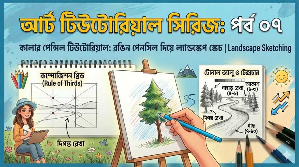 আর্ট টিউটোরিয়াল সিরিজ: পর্ব ০৭ - কালার পেন্সিল টিউটোরিয়াল: রঙিন পেনসিল দিয়ে প্রথম ল্যান্ডস্কেপ স্কেচ A close-up educational photograph, maintaining the sharp focus and warm natural window light from image_2.png, captures a textured white drawing paper on the wooden desk. This paper features a single, detailed graphite sketch, derived from a masterful application of shading techniques learned in Post 3 (image_26.png, image_28.png) and applied to both complex geometry and human features. Above the central composition, a neat Bengali title in graphite text reads: 'আলো-ছায়ার খেলা: স্টিল লাইফ ও পোর্ট্রেট' (Magic of Light & Shadow: Still Life & Portrait). The drawing is a carefully composed scene: a small ceramic mug and a single apple (from the simplified steel life in image_8.png), but rendered with much richer tonal values, and a dimensional human face. The composition shows the mug and apple arranged on a surface, with the dimensional human face positioned as if a reflection or integrated study next to them. The Tripod Grip from image_4.png, holding a well-used graphite pencil from image_2.png, is visible in the foreground, making a final refined shading line, while the kneaded eraser from image_0.png rests nearby. Both the still life objects and the human face are dramatically lit from the upper left (consistent with image_12.png, image_24.png, image_30.png, image_32.png, image_34.png). The human face shows refined shading gradients, showcasing key concepts: a clear 'কোর শ্যাডো (3)' (image_26.png, image_28.png) on the shadowed side of the face and features; 'মিড-টোন (2)' (image_26.png, image_28.png) in the transition areas; 'কাস্ট শ্যাডো (4)' (image_26.png, image_28.png) under the chin; 'রিফ্লেক্টেড লাইট (5)' (image_26.png, image_28.png) subtle areas; and a precise 'হাইলাইট (১)' (image_26.png, image_28.png) on the cheekbone and nose tip. The same logic is applied to the mug and apple. Bengali annotations with neat graphite arrows explicitly point out and label the shading zones on the portrait and objects using numbers (১ to ৬) (image_26.png, image_28.png): 'হাইলাইট (১)', 'মিড-টোন (2)', 'কোর শ্যাডো (3)', 'কাস্ট শ্যাডো (4)', 'রিফ্লেক্টেড লাইট (5)', 'গভীর ছায়া (৬)'. Construction geometry guidelines from image_36.png, image_38.png, image_40.png, image_42.png, image_44.png, image_46.png, image_48.png, image_52.png, image_54.png, image_56.png, image_58.png, and image_60.png are faintly visible, showing their foundational role. Faint perspective grids and ellipses derived from image_14.png, image_16.png, image_18.png, image_20.png, and image_22.png underpin the geometry. The focus is critically sharp on the graphite marks and textured paper, highlighting the texture and progressive stages and underlying geometry. Pencils rest beside the paper. Soft creative glow emanates. existing art tools are neatly arranged but out of focus. Focused young female artist from image_0.png, image_12.png, image_24.png, image_36.png, image_50.png, image_52.png, image_54.png, image_56.png, image_58.png, image_60.png, image_62.png, image_64.png, is sitting on a simple stool near the window (image_0.png) in the background, out of focus.