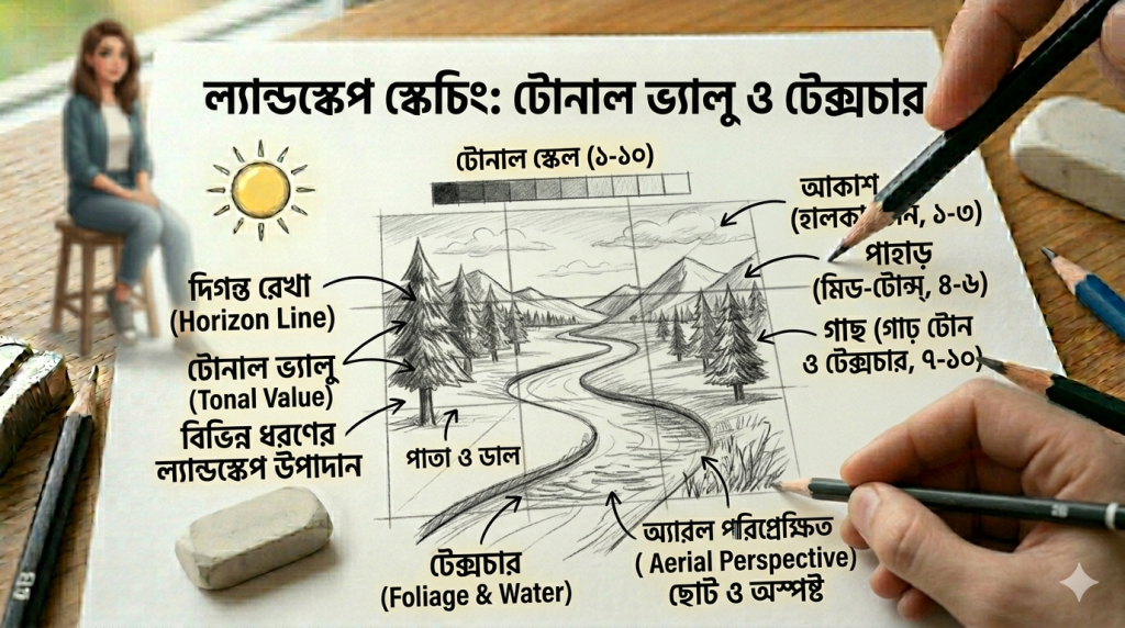 আর্ট টিউটোরিয়াল সিরিজ: পর্ব ০৬ - আউটডোর স্টাডি: প্রকৃতি থেকে ল্যান্ডস্কেপ স্কেচিংয়ের সহজ কৌশল 2