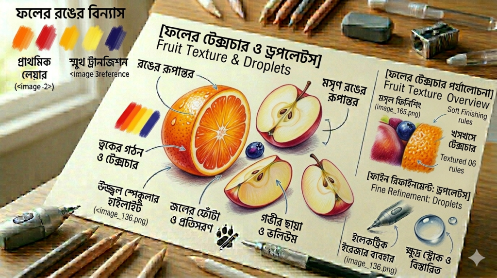 আর্ট টিউটোরিয়াল সিরিজ: পর্ব ২০ – রঙিন পেন্সিলে ফলের বাস্তবসম্মত টেক্সচার এবং ড্রপলেটস আঁকার কৌশল