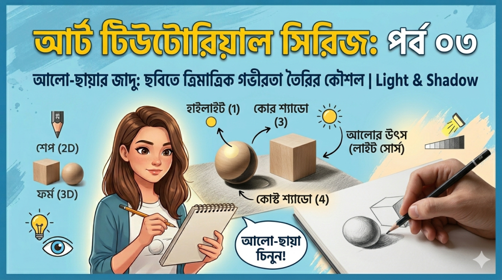 আর্ট টিউটোরিয়াল সিরিজ: পর্ব ০৩ - আলো-ছায়ার জাদু: ছবিতে ত্রিমাত্রিক গভীরতা তৈরির কৌশল A friendly and modern thumbnail based on image_0.png, image_12.png, and image_24.png. The overall blue aesthetic of the setting remains. In large, cheerful yellow and white Bengali text at the top, it reads, "আর্ট টিউটোরিয়াল সিরিজ: পর্ব ০৩" (Art Tutorial Series: Episode 03). Below this, the subtitle reads: "আলো-ছায়ার জাদু: ছবিতে ত্রিমাত্রিক গভীরতা তৈরির কৌশল | Light & Shadow". The smiling female artist from image_0.png and image_12.png holds a pencil. She is looking at a wooden sphere and cube with focused expression, while with her other hand she draws their corresponding 3D dimensional versions (image_16.png, image_18.png). Small, stylized diagrams with Bengali labels, derived from image_26.png and image_30.png, radiate around the objects and the sketchbook: pointing out "হাইলাইট (1)" (Highlight), "কোর শ্যাডো (3)" (Core Shadow), and "কাস্ট শ্যাডো (4)" (Cast Shadow), each with corresponding Bengali digits. Another diagram near the cube shows "আলোর উৎস (লাইট সোর্স)" with a cheerful sun icon (from image_12.png). Speech bubble from artist in Bengali: "আলো-ছায়া চিনুন!" (Recognize light-shadow!). Soft creative glow emanates. existing art tools are neatly arranged but out of focus.