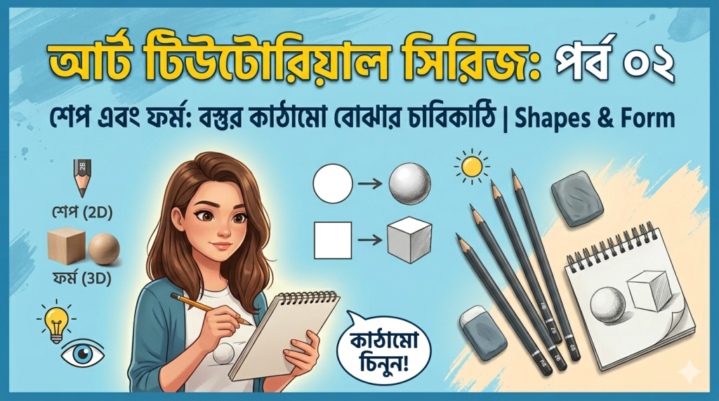 A friendly and modern graphic based on image_0.png, with the artist character smiling. The Bengali text at the top reads: "আর্ট টিউটোরিয়াল সিরিজ: পর্ব ০২" (Art Tutorial Series: Episode 02). Below it, the subtitle reads: "শেপ এবং ফর্ম: বস্তুর কাঠামো বোঝার চাবিকাঠি | Shapes & Form". Icons and small diagrams on the right illustrate the difference, with Bengali labels for 'শেপ (2D)' and 'ফর্ম (3D)'. The artist holds a pencil and sketchbook, with a focused expression, looking at a real wooden cube and sphere, while drawing their geometric counterparts (derived from images 2, 4, and 6) on the textured drawing paper. The creative glow emanates.