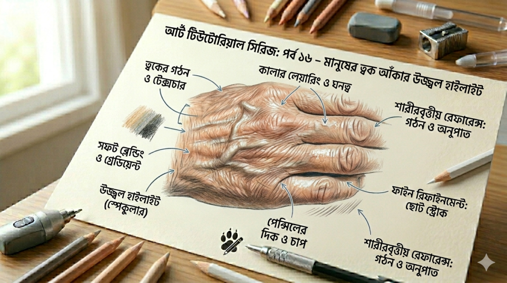 আর্ট টিউটোরিয়াল সিরিজ: পর্ব ১৬ – মানুষের ত্বক আঁকার কৌশল ও উজ্জ্বল হাইলাইট