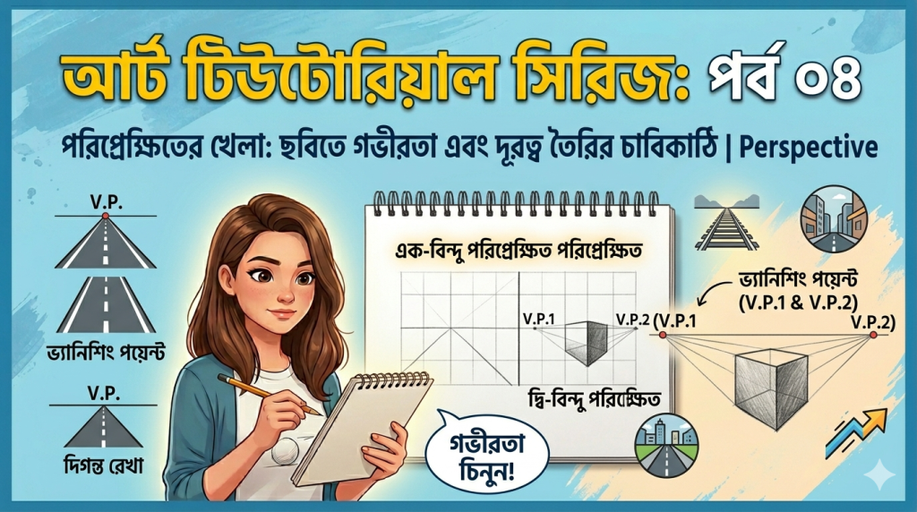 আর্ট টিউটোরিয়াল সিরিজ: পর্ব ০৪ - পরিপ্রেক্ষিতের খেলা: ছবিতে গভীরতা এবং দূরত্ব তৈরির জাবিকাঠি A friendly and modern thumbnail based on image_0.png, image_12.png, image_24.png, and image_36.png. The overall blue aesthetic and pattern remain. In large, cheerful yellow and white Bengali text at the top, it reads, "আর্ট টিউটোরিয়াল সিরিজ: পর্ব ০৪" (Art Tutorial Series: Episode 04). Below this, the subtitle reads: "পরিপ্রেক্ষিতের খেলা: ছবিতে গভীরতা এবং দূরত্ব তৈরির চাবিকাঠি | Perspective". The smiling female artist from image_0.png and image_12.png, looking with a focused expression, holds a pencil and gestures toward a large sketchbook in front of her (image_16.png, image_18.png). The sketchbook displays an educational split grid summarizing "এক-বিন্দু পরিপ্রেক্ষিত" (One-Point Perspective) and "দ্বি-বিন্দু পরিপ্রেক্ষিত" (Two-Point Perspective) simultaneously. Small, stylized diagrams with Bengali labels, derived from image_26.png and image_30.png, show key perspective elements: "দিগন্ত রেখা" (Horizon Line), "ভ্যানিশিং পয়েন্ট" (Vanishing Point), "ভ্যানিশিং পয়েন্ট (V.P.1 & V.P.2)", a vanishing railroad track, and dynamic arrows. Speech bubble from artist in Bengali: "গভীরতা চিনুন!" (Recognize depth!). A soft, creative glow emanates. the existing art tools are neatly arranged but out of focus.