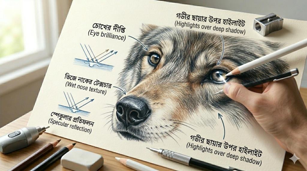 আর্ট টিউটোরিয়াল সিরিজ: পর্ব ১১ - কালার পেন্সিল দিয়ে বাস্তবসম্মত প্রাণীর চোখ ও নাক আঁকার অ্যাডভান্সড কৌশল 4