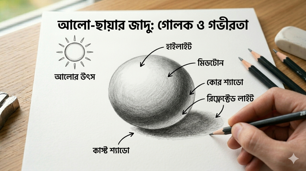 আর্ট টিউটোরিয়াল সিরিজ: পর্ব ০৩ - আলো-ছায়ার জাদু: ছবিতে ত্রিমাত্রিক গভীরতা তৈরির কৌশল আর্ট টিউটোরিয়াল সিরিজ: পর্ব ০৩ - আলো-ছায়ার জাদু: ছবিতে ত্রিমাত্রিক গভীরতা তৈরির কৌশল