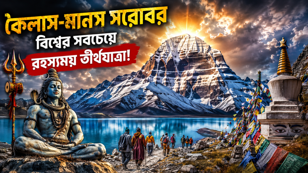 Mount Kailash and Lake Manasarovar at sunrise, featuring the sacred snow-covered peak reflected in crystal-clear water. Pilgrims walk along the lakeshore while a statue of Lord Shiva, colorful Tibetan prayer flags, and a Buddhist stupa create a spiritual atmosphere. This image represents the mystery, history, and religious significance of the Kailash-Manasarovar pilgrimage, one of the world's most sacred and unexplained spiritual destinations.