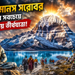 Mount Kailash and Lake Manasarovar at sunrise, featuring the sacred snow-covered peak reflected in crystal-clear water. Pilgrims walk along the lakeshore while a statue of Lord Shiva, colorful Tibetan prayer flags, and a Buddhist stupa create a spiritual atmosphere. This image represents the mystery, history, and religious significance of the Kailash-Manasarovar pilgrimage, one of the world's most sacred and unexplained spiritual destinations.