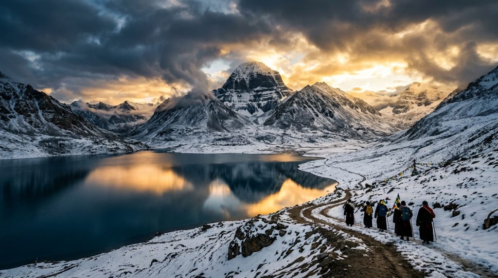 Ultra realistic cinematic view of Mount Kailash rising dramatically above snow covered Himalayan landscape, sacred Lake Manasarovar reflecting golden sunrise, mysterious clouds swirling around the peak, ancient pilgrims walking on remote mountain trail, spiritual atmosphere, divine light breaking through dark clouds, breathtaking Himalayan scenery, sense of mystery and wonder, highly detailed realism, professional color grading, film quality visuals, dramatic cinematic lighting, realistic textures, atmospheric depth, ultra realistic documentary style, 4K, no text, no watermark, 16:9